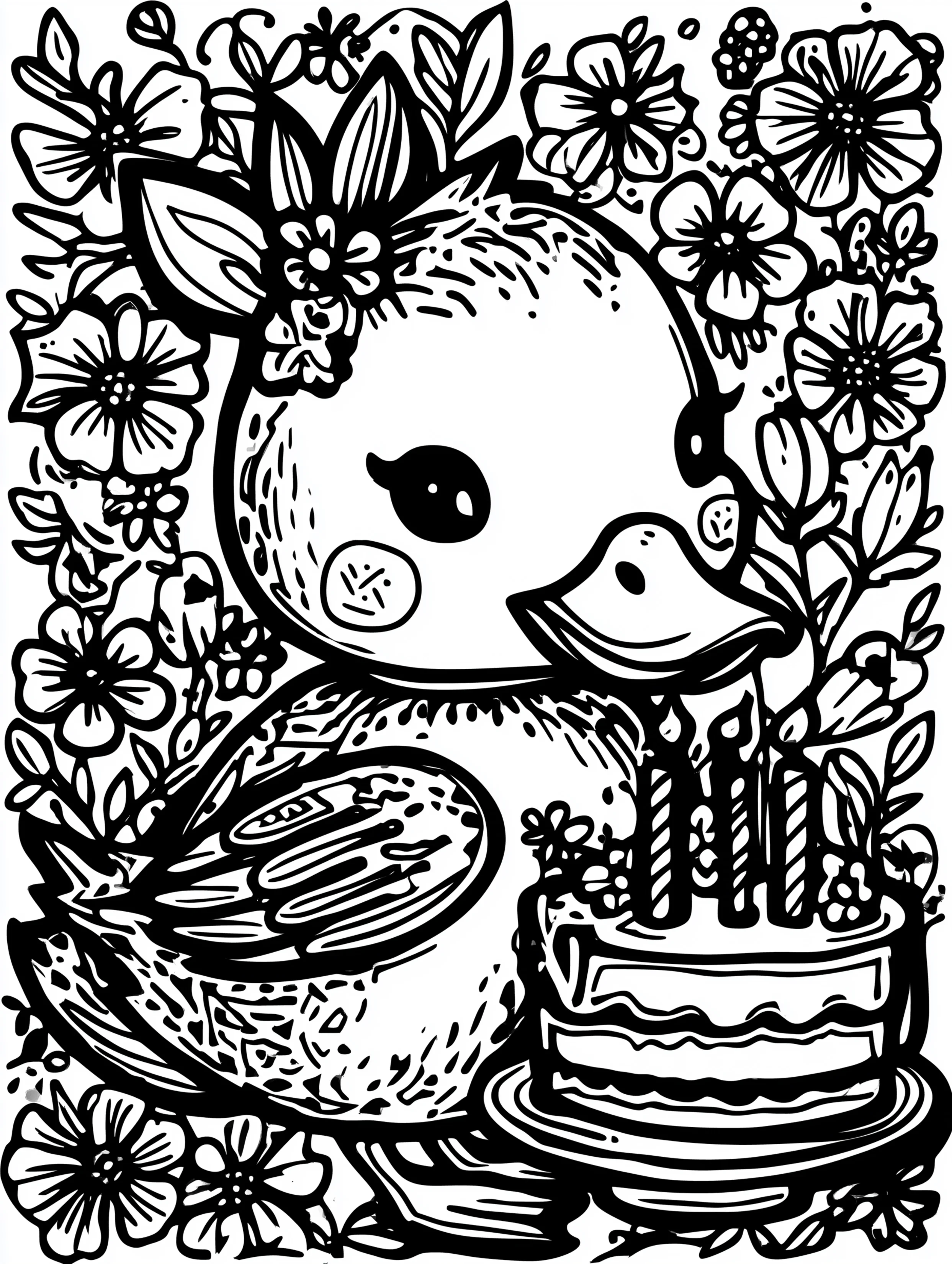 Free printable duck coloring page for adults featuring a duck with a birthday cake